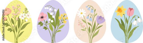 Floral Easter egg set flat illustration with spring flowers botanical design