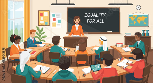 A diverse group of students sitting at desks in a classroom with a teacher at the front, celebrating zero discrimination day with equality for all