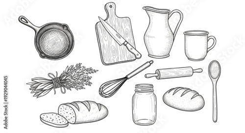 Collection of Hand Drawn Baking and Kitchen Utensils.