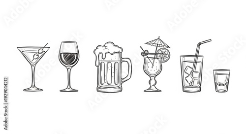 Collection of Hand Drawn Alcoholic Beverages and Drinks.