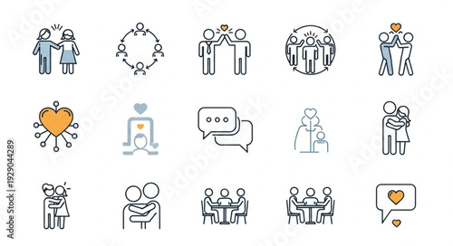 Collection of friendship and relationship icons in a doodle style.