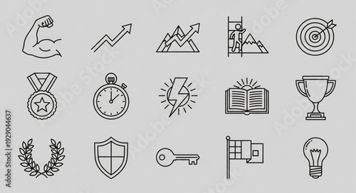 Collection of hand drawn business and success related icons.