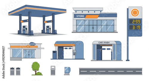 Gas station and related elements, including buildings, pumps, and road, all in a vector illustration.