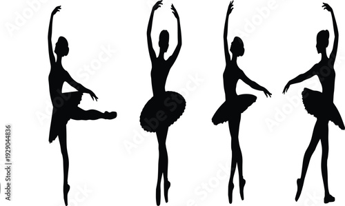 Ballet dancer silhouettes, classical dance poses, elegant female ballerinas, tutu costume, graceful movement, isolated black figures, artistic performance