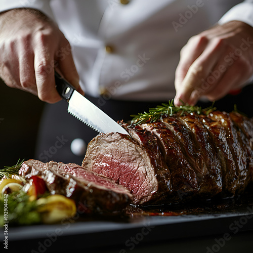 Carving a perfect roast beef culinary kitchen food photography warm ambience close-up shot gourmet experience