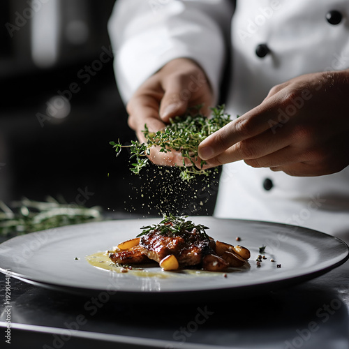 Gourmet cooking action restaurant kitchen culinary art professional chefs close-up flavorful presentation