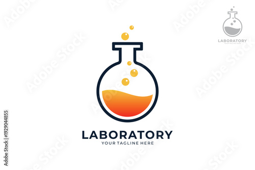 Science laboratory flask logo with liquid