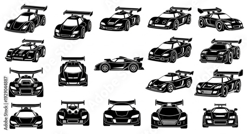 Collection of various black race cars in different angles and perspectives for design.