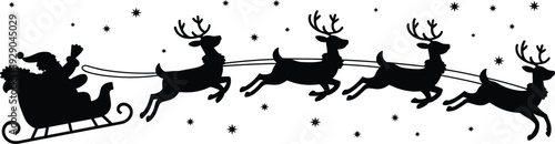 Santa Claus sleigh with flying reindeer silhouette, Christmas night sky, holiday winter vector, festive seasonal celebration illustration isolated white background