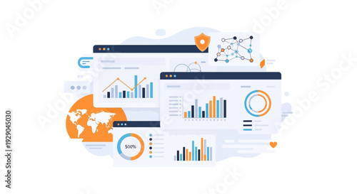 Business Intelligence Dashboard: Data Analysis, Global SEO Metrics, and Financial Reporting Charts. Modern Vector Interface for Performance Monitoring and Statistics.