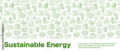 Ecology Banner, Linear Pattern with Sustainable Energy Icons, Renewable Technology Background