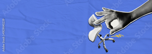 Workplace pressure concept. Collage halftone hand pushing office chair down, job loss and corporate stress. Vector illustration