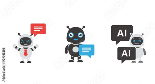 Three friendly AI robots with speech bubbles representing communication and technology.