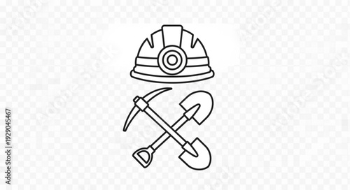 Mining equipment illustration - helmet, pickaxe, and shovel, representing the mining industry.