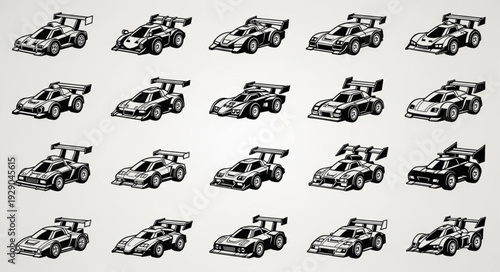 Collection of race cars in a monochrome style, perfect for design projects.
