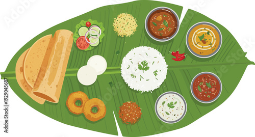 Authentic South Indian Meal with Sambar and Dosa on Banana Leaf Design