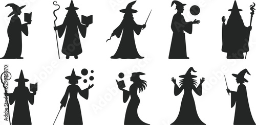 Wizard silhouettes set, fantasy mage characters, magic spellcaster poses, witch sorcerer icons, isolated black vector illustration for logo design collection