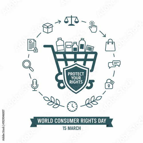 Celebrating World Consumer Rights Day on March 15th with protective icons and a shopping cart illustration