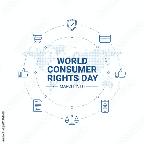 Global Consumer Rights Day illustration featuring world map and consumer icons on March 15th from a top-down viewpoint