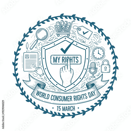 World Consumer Rights Day illustration featuring shield and hand with icons around it