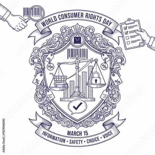 Illustration of World Consumer Rights Day on March 15, emphasizing Information, Safety, Choice, Voice
