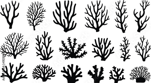 Black coral silhouette set collection, marine reef branch shapes, underwater sea life vector icons isolated on white background illustration design