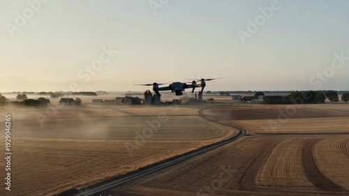 Military drone flying over open rural field, drone surveying roads and farmland from low altitude, drone footage for reconnaissance, border control, battlefield monitoring, surveillance missions