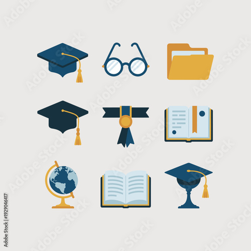 Flat Education and Graduation Icon Set with Mortarboards, Books, and Academic Symbols