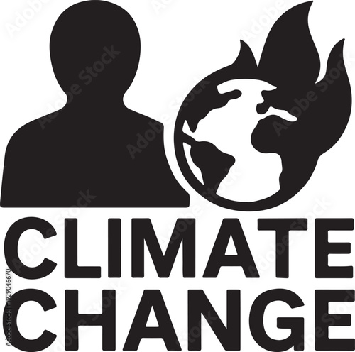 Climate change awareness silhouette with earth and environmental symbols, global warming and sustainability education concept, clean black vector illustration.