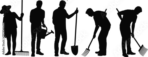 Silhouette,farmers,working,with,garden,tools,agriculture,teamwork,rural,lifestyle,manual,labor,farming,people,outline,isolated,white,background,vector,illustration