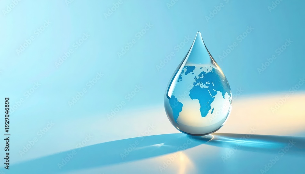 Obraz premium Transparent droplet containing a refracted image of the planetary surface rests upon a reflective surface against a light blue background.