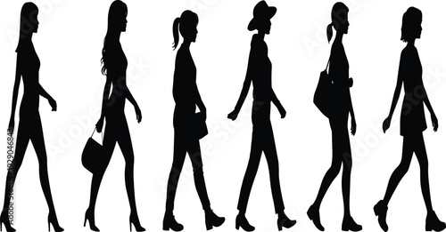 Fashion, women, silhouettes, walking, style, elegance, female, figures, runway, lifestyle, modern, minimal, black, white, illustration, design, trend, urban, movement, concept