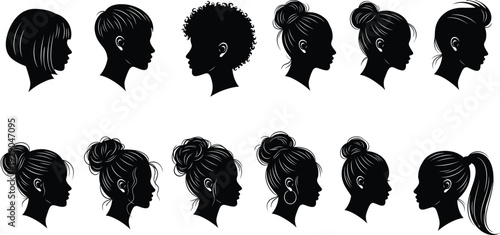 Diverse Female Profile Silhouettes Set Featuring Various Hairstyles Like Afros Buns and Ponytails for Beauty Salon Branding and Fashion Design