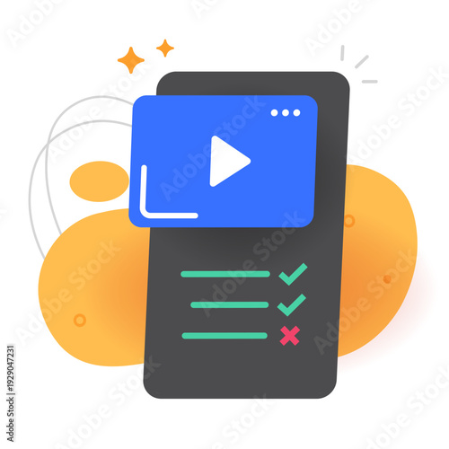 Video digital media concept approval review vector concept on smartphone mobile app modern illustration design, phone movie clip footage creation process software technology, film exam drawn
