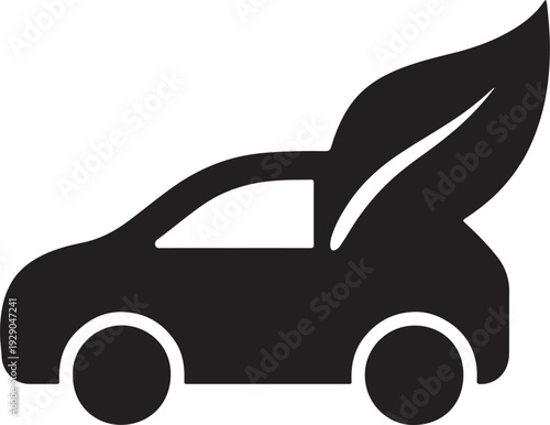 Eco friendly car silhouette with leaf symbol, green mobility and sustainable transportation concept, clean minimal black vector illustration, isolated on white background.