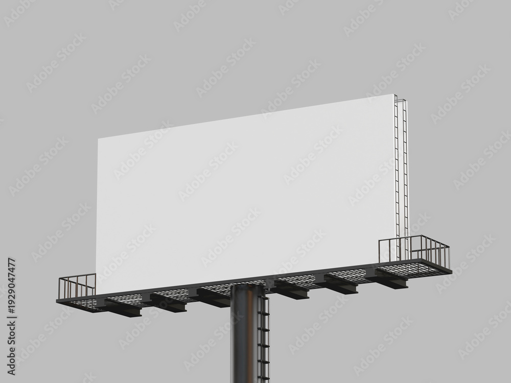 Obraz premium A large blank white billboard with a black metal frame and railing on a gray background