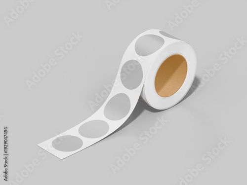 A roll of white circular stickers on a gray background