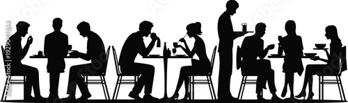 Restaurant, cafe, dining, people, silhouettes, socializing, waiter, serving, dinner, lunch, couples, friends, conversation, table, chairs, interior, lifestyle, hospitality, illustration, vector