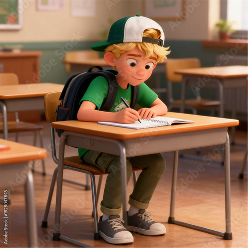 3D illustration of a young blonde boy sitting at a school desk writing in a notebook, concept of learning, back to school, and education.