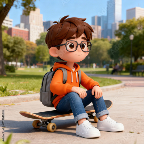 3D cartoon illustration of a cute boy with glasses and an orange hoodie sitting on a skateboard in a sunny city park.