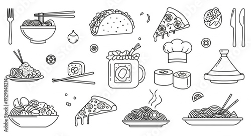 Collection of delicious food items drawn in a simple line art style.