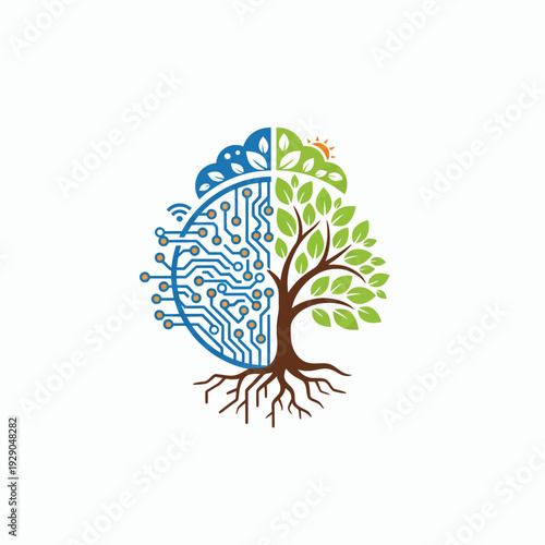 Tree with green leaves and roots, combining natural and digital elements, symbolizing growth and technology, viewed from the side, file reference 'nnd (5).eps'