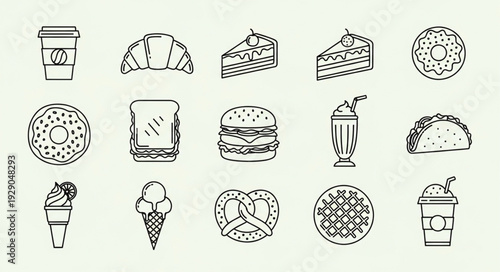 Collection of delicious food and drink icons in simple line art style.
