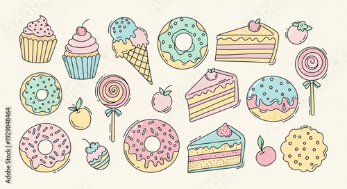 Collection of colorful hand-drawn sweets and desserts.