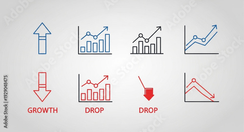 Collection of financial growth and drop charts and icons.
