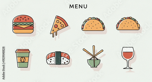 Collection of Fast Food and Drink Icons Representing a Menu.