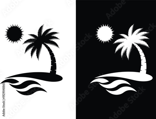 A striking visual composition displays a tropical island scene with palm trees sun and waves in contrasting black and white duality