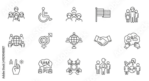 Collection of diverse icons representing social concepts and human interaction.