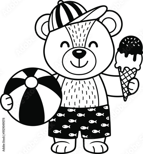 A charming black and white illustration depicts a cheerful bear enjoying summer with an ice cream cone and beach ball