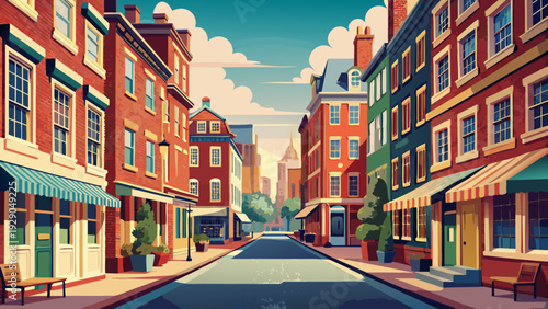 Very beautiful street perspective of Philadelphia’s historic Fabric Row along Fourth Street, featuring charming brick storefronts, textured facades, and a nostalgic urban atmosphere reflecting the cit